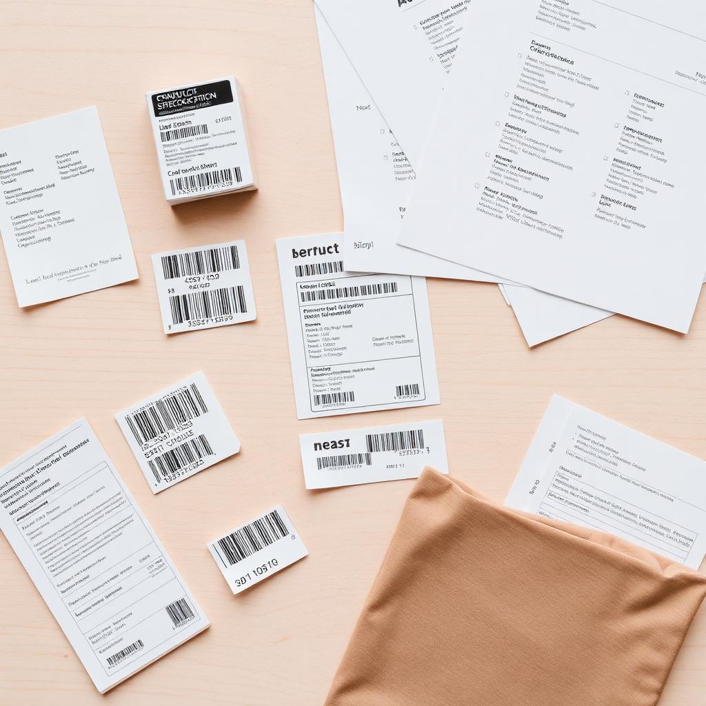 Product labels and specification documents on a desk