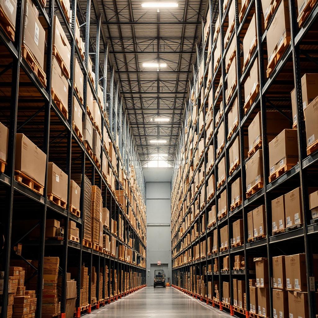 Warehouse storage racks filled with organized boxes