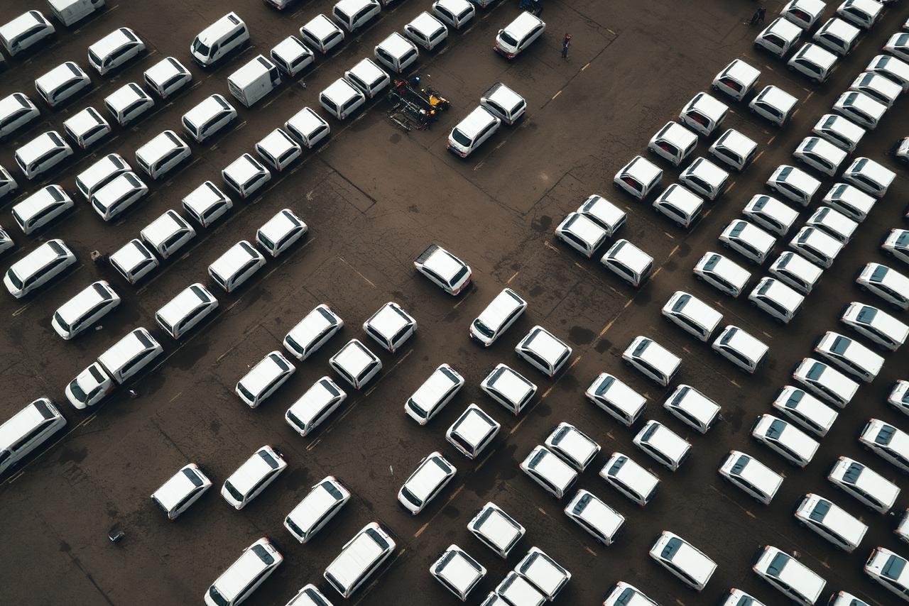 Aerial view of vehicles arranged in a logistics parking area