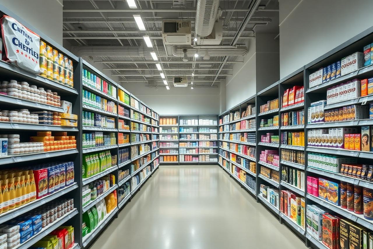 Neatly organized retail shelves stocked with products